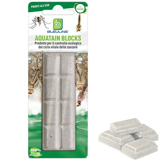 Aquatain Blocks impedisce lo sviluppo delle zanzare, è atossico e rimane attivo per oltre 6 settimane.