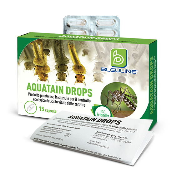 Aquatain Drops in capsule, per uso domestico, per il controllo del ciclo vitale delle zanzare. 