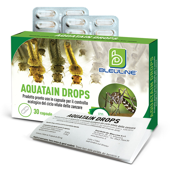 Aquatain Drops in 30 capsule, per il controllo del ciclo vitale delle zanzare. 