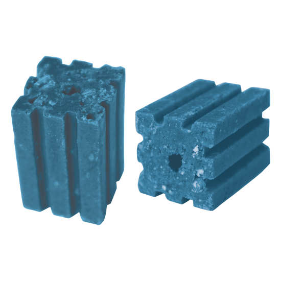 Bromadiolone 0,005% esche in blocco da 20 g in scatole da 10 kg, colore blu.